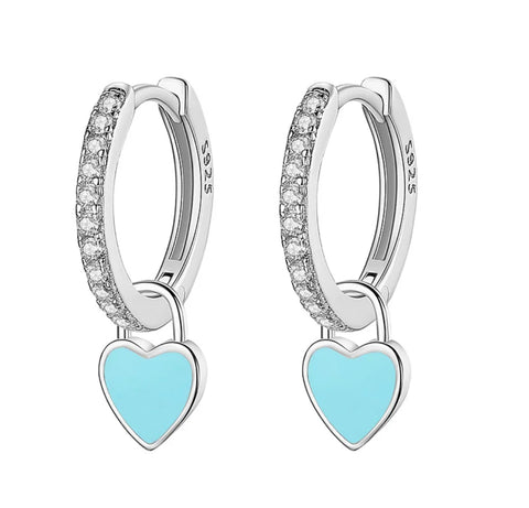 925 Sterling Silver Rhodium Plated CZ Stones Aqua Blue Enamel Heart Huggie Hoop Earring for Kids & Teens