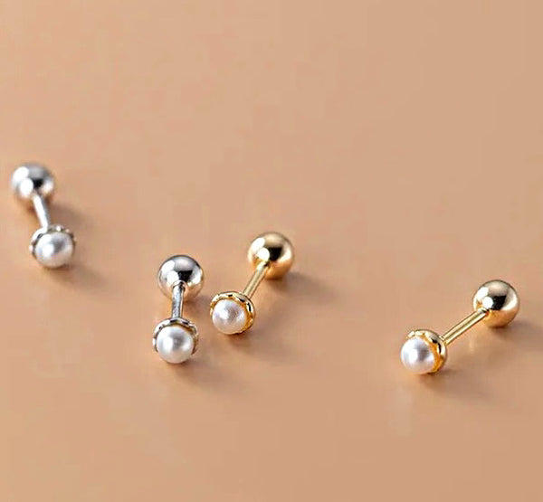 925 Sterling Silver 18K Gold Plated Small Flower Pearl Screw Back Earrings for Baby Kids & Teens