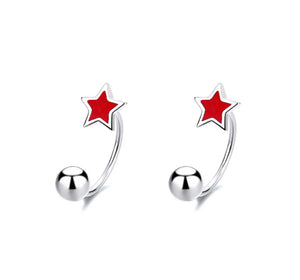 925 Sterling Silver Rhodium Plated Red Enamel Star Double Screw Back Earrings for Kids & Teens