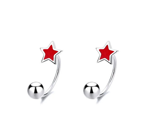 925 Sterling Silver Rhodium Plated Red Enamel Star Double Screw Back Earrings for Kids & Teens