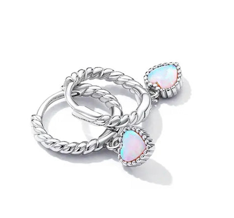925 Sterling Silver Rhodium Plated, Opal Crystals Heart Huggie Hoop Earrings for Kids & Teens