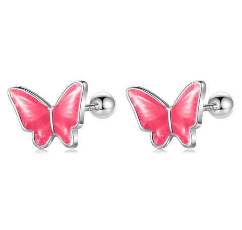 925 Sterling Silver Rhodium Plated Pink Enamel Butterfly Screw Back Earrings for Toddler Kids & Teens