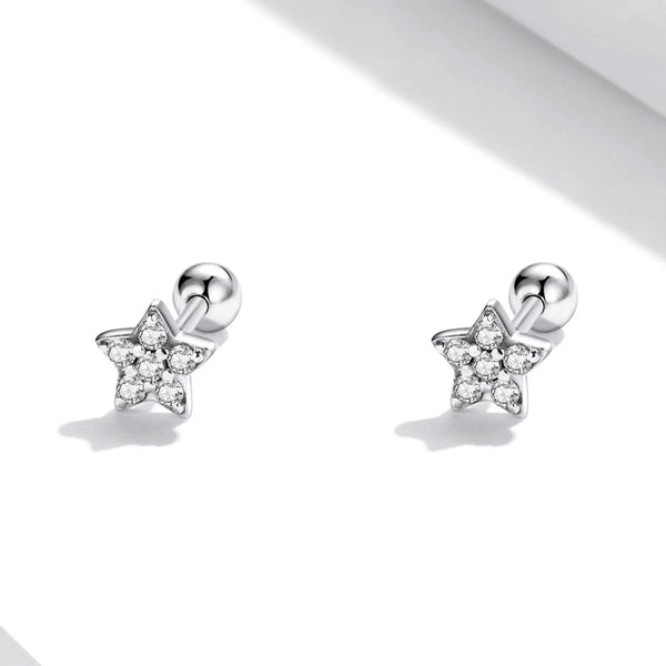 925 Sterling Silver Platinum Plated Pave CZ Stones Star Screw Back Earrings for Baby, Kids & Teens