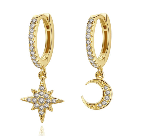 925 Sterling Silver 18K Gold Plated Moon & Star Huggie Earrings for Kids & Teens