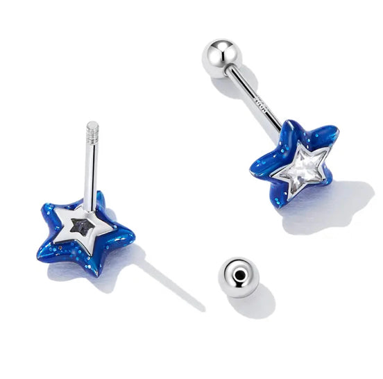 925 Sterling Silver Platinum Plated Glitter Enamel CZ Stones Star Screw Back Earrings for Baby Kids & Teens