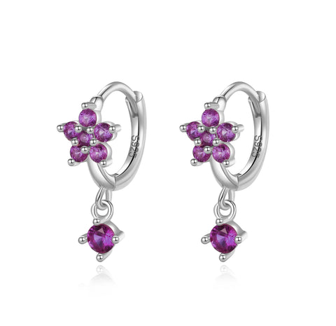 925 Sterling Silver Rhodium Plated Purple CZ Stones Flower with Charm Huggie Hoop Earrings For Kids & Teens