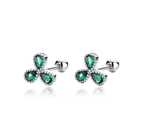 925 Sterling Silver Rhodium Plated Three Leaf Clover Green CZ Stones Screw Back Earrings for Baby Kids & Teens