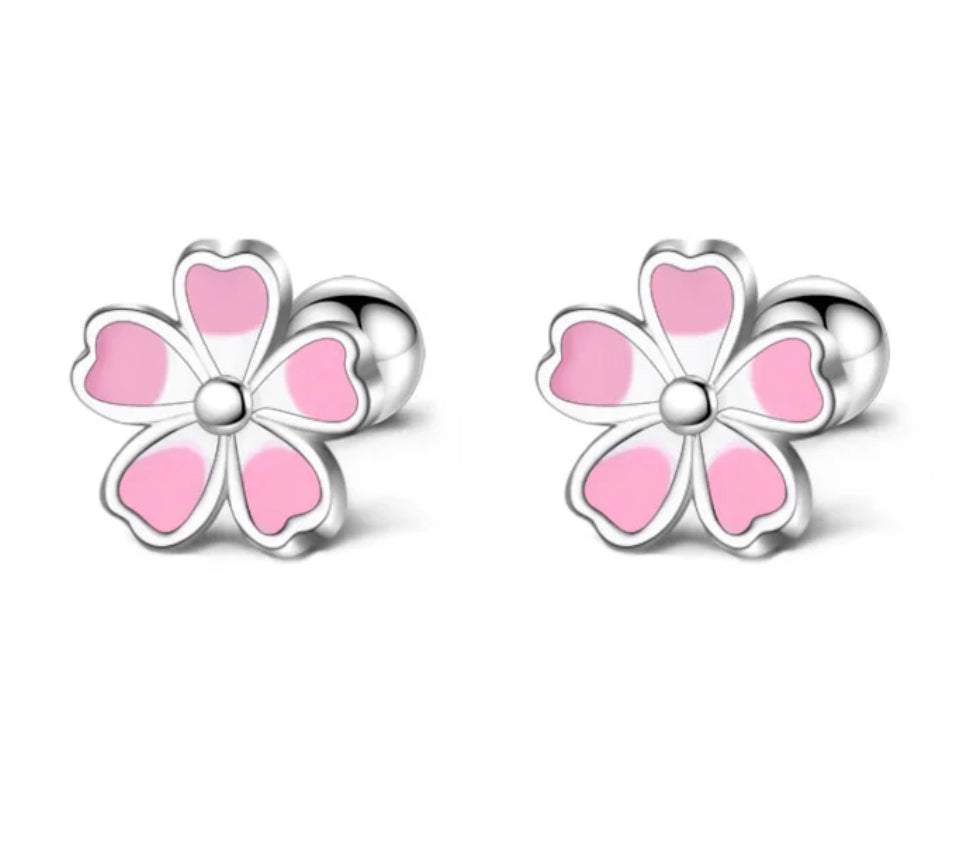 925 Sterling Silver Rhodium Plated Pink & White Enamel Flower Screw Back Earrings for Baby Kids & Teens