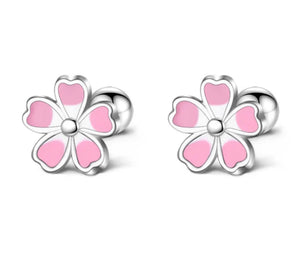 925 Sterling Silver Rhodium Plated Pink & White Enamel Flower Screw Back Earrings for Baby Kids & Teens