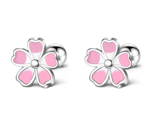 925 Sterling Silver Rhodium Plated Pink & White Enamel Flower Screw Back Earrings for Baby Kids & Teens