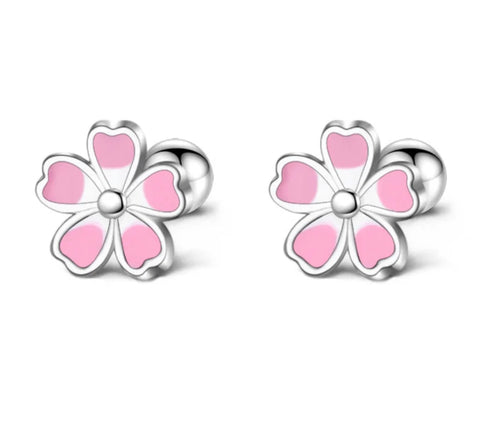 925 Sterling Silver Rhodium Plated Pink & White Enamel Flower Screw Back Earrings for Baby Kids & Teens