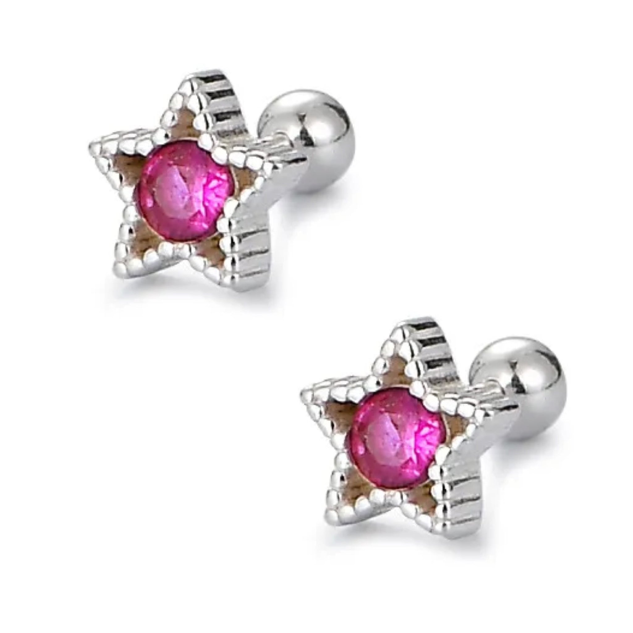 925 Sterling Silver Rhodium Plated Red CZ Stones Star Screw BackEarrings for Baby Kids & Teens