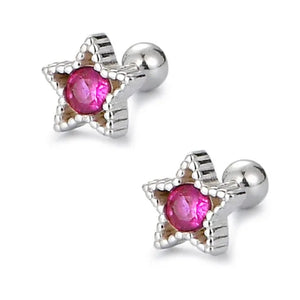 925 Sterling Silver Rhodium Plated Red CZ Stones Star Screw BackEarrings for Baby Kids & Teens