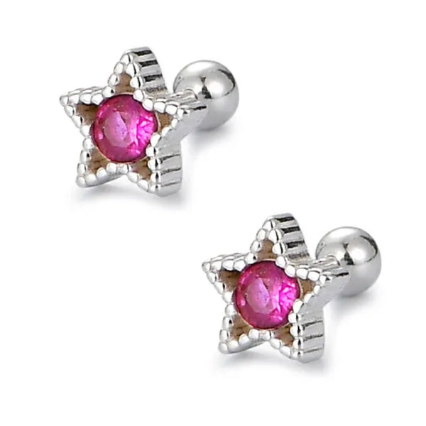 925 Sterling Silver Rhodium Plated Red CZ Stones Star Screw BackEarrings for Baby Kids & Teens