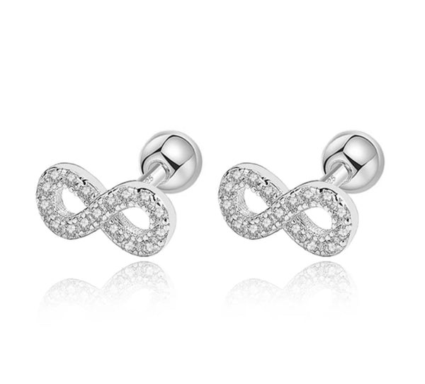 925 Sterling Silver Rhodium Plated Pavé CZ Stones Infinity Screw Back Earrings for Baby Kids & Teens