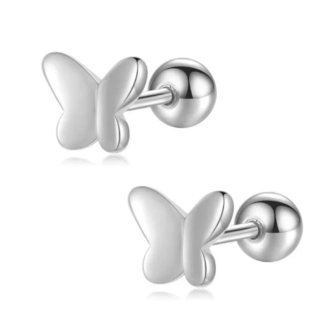 925 Sterling Silver Rhodium Plated High Polished Butterfly Screw Back Earrings for Baby Kids & Teens