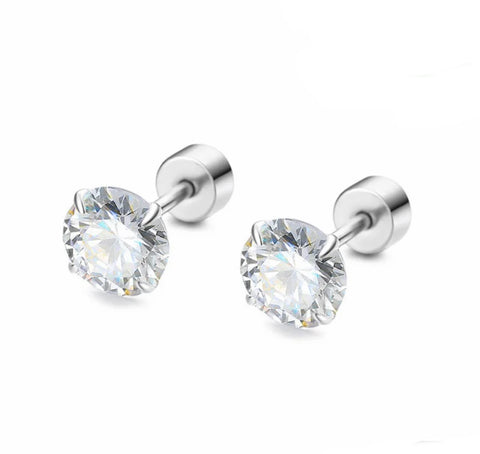 925 Sterling Silver Rhodium Plated Round 8 mm CZ Stone Screw Back Earrings for Baby Kids & Teens