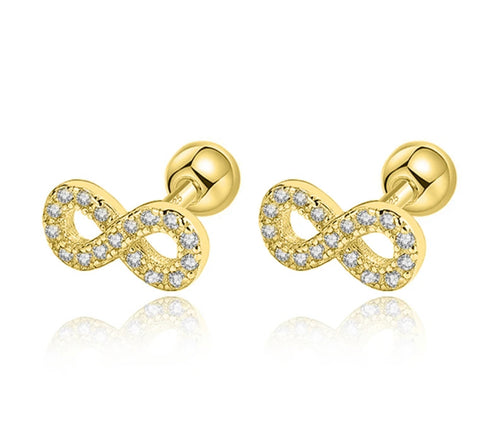 925 Sterling Silver 18K Gold Plated Pavé CZ Stones Infinity Screw Back Earrings for Baby Kids & Teens