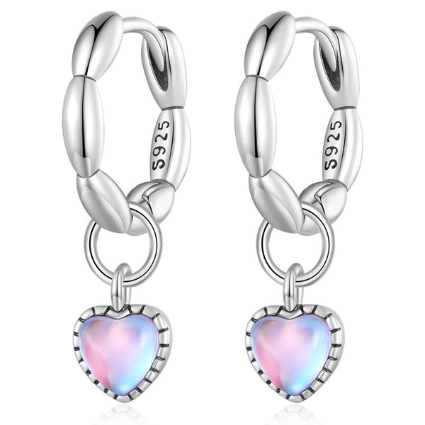 925 Sterling Silver Rhodium Plated, Opal Crystals Heart Huggie Hoop Earrings for Kids & Teens