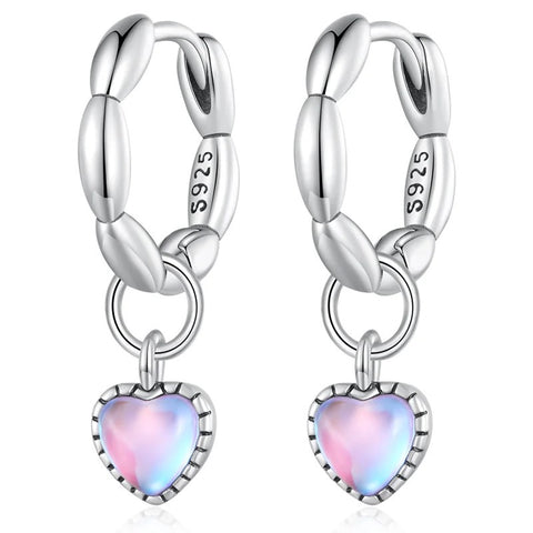 925 Sterling Silver Rhodium Plated, Opal Crystals Heart Huggie Hoop Earrings for Kids & Teens