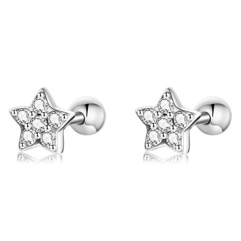 925 Sterling Silver Platinum Plated Pave CZ Stones Star Screw Back Earrings for Baby, Kids & Teens