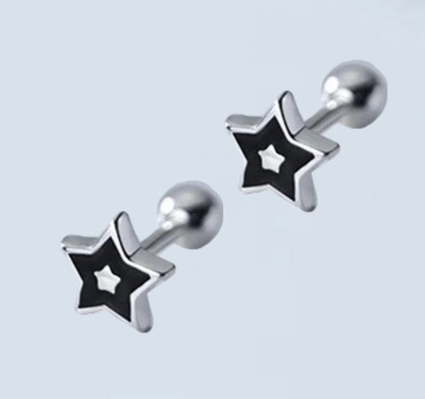 925 Sterling Silver Rhodium Plated Black Enamel Star Screw Back Earrings for Baby Kids & Teens