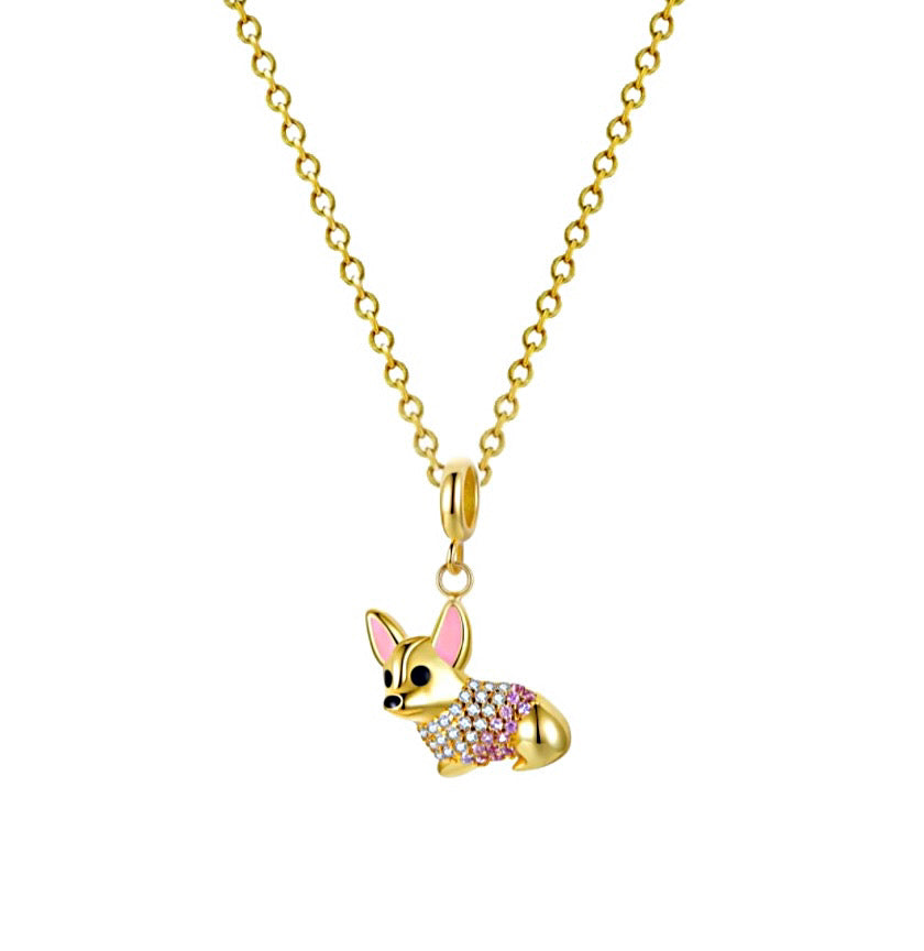 925 Sterling Silver 18K Gold Plated CZ Stones Dog Necklace for Kids & Teens