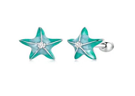 925 Sterling Silver Rhodium Plated Aqua Enamel Star Screw Back Earrings for Baby Kids & Teens