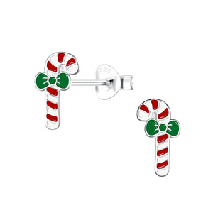 925 Sterling Silver Enamel Candy Cane Push Back Earrings for Kids & Teens