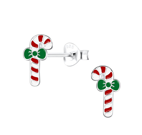 925 Sterling Silver Enamel Candy Cane Push Back Earrings for Kids & Teens