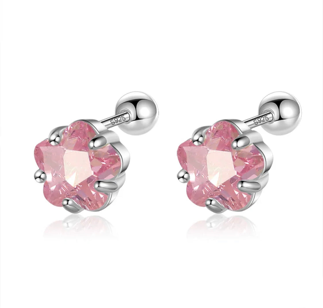 925 Sterling Silver Rhodium Plated 6 mm Pink CZ Stones Screw Back Earrings For Baby, Kids, Teens