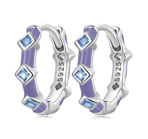 925 Sterling Silver Purple Enamel Blue CZ Stones Diamond Cut Huggie Hoop Earrings for Toddler Kids & Teens