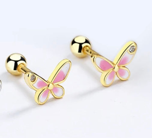 925 Sterling Silver 18K Gold Plated White & Pink Enamel Butterfly Screw Back Earrings for Baby Kids & Teens