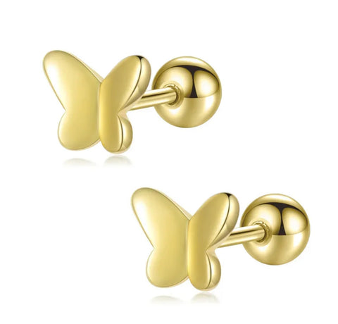 925 Sterling Silver 18K Gold Plated High Polished Butterfly Screw Back Earrings for Baby Kids & Teens