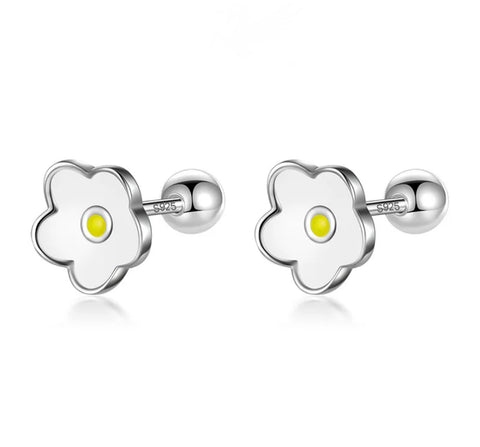 925 Sterling Silver Rhodium Plated White Enamel Flower Screw Back Earrings for Baby Kids & Teens