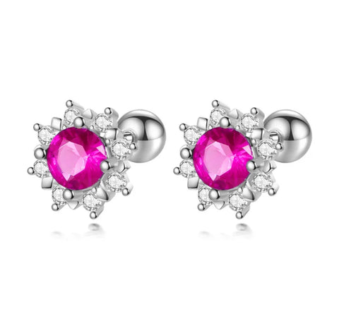 925 Sterling Silver Rhodium Plated Sparkling Flower CZ Stones Screw Back Earrings for Baby Kids & Teens