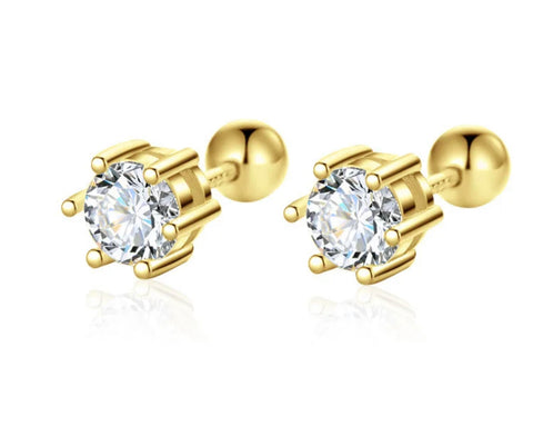 925 Sterling Silver 18K Gold Plated Round CZ Stone 6 mm Screw Back Earrings for Baby Kids & Teens