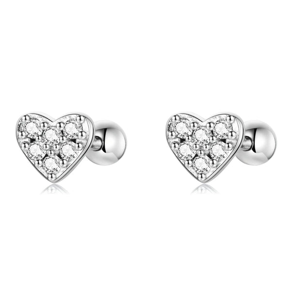 925 Sterling Silver Platinum Plated Pave CZ Stones Heart Screw Back Earrings for Baby. Kids & Teens