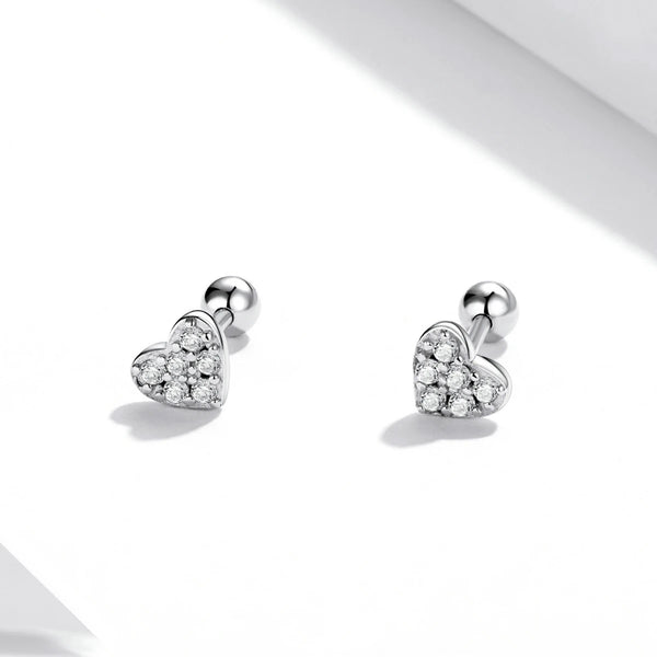 925 Sterling Silver Platinum Plated Pave CZ Stones Heart Screw Back Earrings for Baby. Kids & Teens