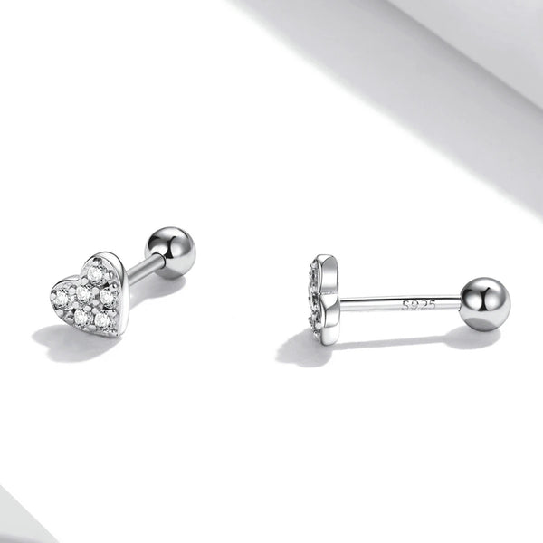 925 Sterling Silver Platinum Plated Pave CZ Stones Heart Screw Back Earrings for Baby. Kids & Teens