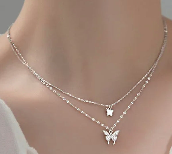 925 Sterling Silver Rhodium Plated Double Charm & Chain Pavè CZ Stones Butterfly Necklace for Kids & Teens
