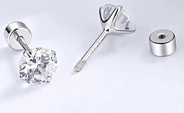 925 Sterling Silver Rhodium Plated 6 mm CZ Stones Screw Back Earrings for Baby Kids & Teens