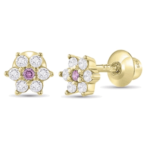 14K Gold Plated 925 Sterling Silver Flower CZ Stones Screw Back Earrings for Baby, Toddler, Kids, Teens - Forever Kids Jewelry