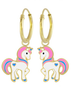 14K Gold Plated 925 Sterling Silver Unicorn with Heart Enamel Hoop Earrings For Kids, Teens - Forever Kids Jewelry