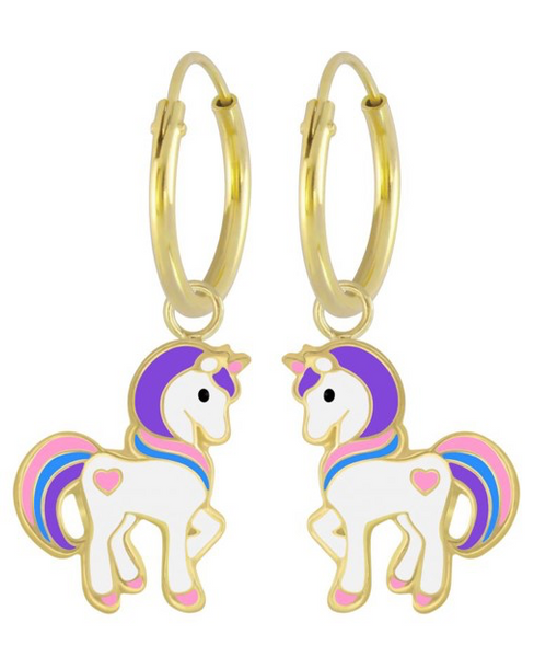 14K Gold Plated 925 Sterling Silver Unicorn with Heart Enamel Hoop Earrings For Kids, Teens - Forever Kids Jewelry