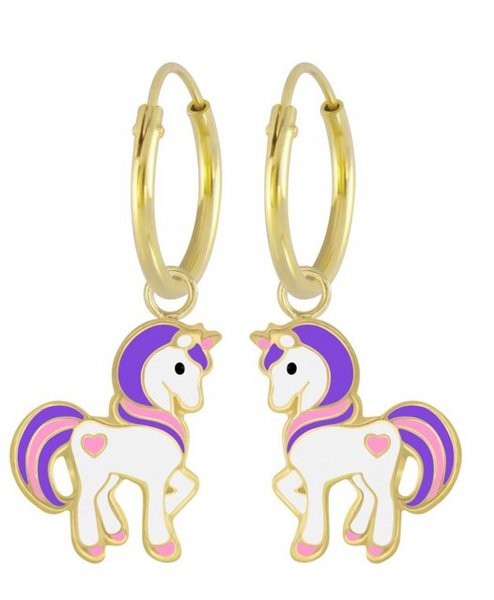 14K Gold Plated 925 Sterling Silver Unicorn with Heart Enamel Hoop Earrings For Kids, Teens - Forever Kids Jewelry