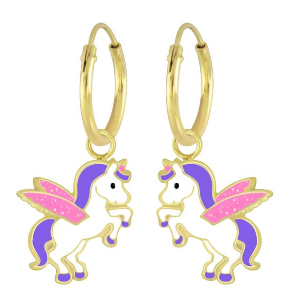 14K Gold Plated 925 Sterling Silver Unicorn With Wings Enamel Hoop Earrings For Kids, Teens - Forever Kids Jewelry