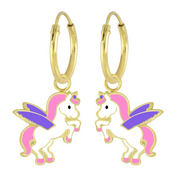 14K Gold Plated 925 Sterling Silver Unicorn With Wings Enamel Hoop Earrings For Kids, Teens - Forever Kids Jewelry