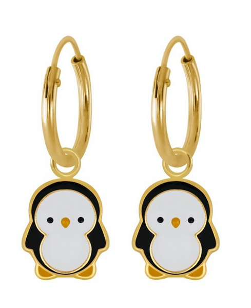 14K Gold Plated 925 Sterling Silver Penguin Enamel Hoop Earrings For Kids, Teens - Forever Kids Jewelry