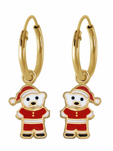 14K Gold Plated 925 Sterling Santa Bear Enamel Hoop Earrings For Kids, Teens - Forever Kids Jewelry
